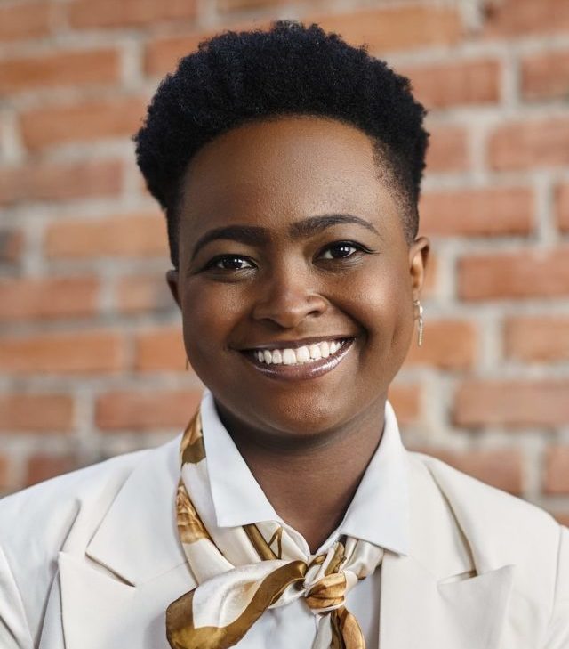 Portrait of happy African American businesswoman looking at camera.